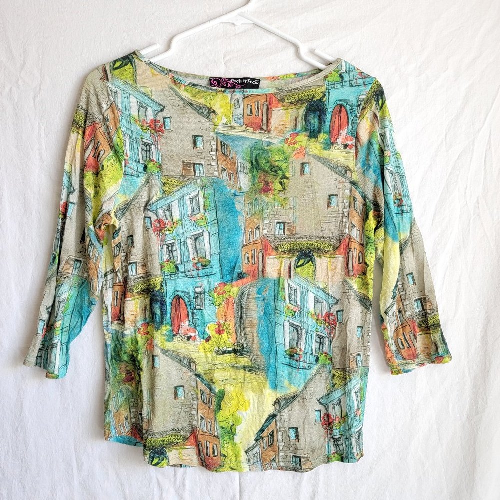Peck & Peck Blouse Women's Size PM Multicolor House Cities 3/4 Sleeve Top